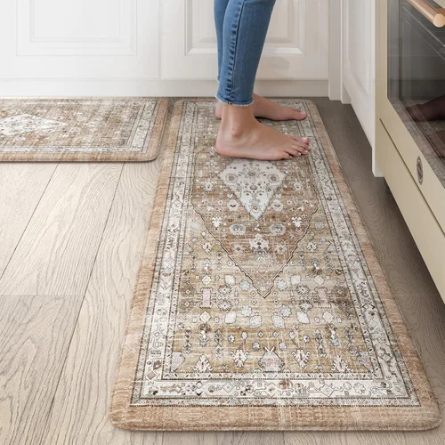 Miniatura 16 de Collive Alfombras y Tapetes Boho para Cocina 2 PIEZAS Alfombra Antifatiga Acolchada, Juego de 2 Alfombras de Cocina Impermeables Antideslizantes
