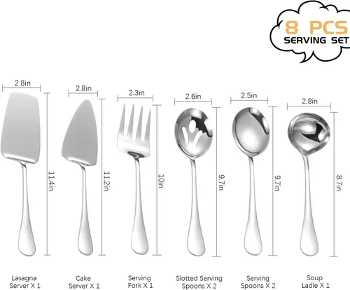 Miniatura 2 de Utensilios de servir de acero inoxidable, juego de 8 piezas con cucharas de servir, tenedor de servir, cucharón de sopa, servidor de lasaña