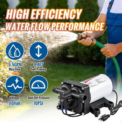 Miniatura 3 de YOUNGTREE Bomba de diafragma de presión de agua de 110 V CA 5.5 GPM, 70 PSI, bomba de transferencia de agua para autocebado de 110 voltios bajo