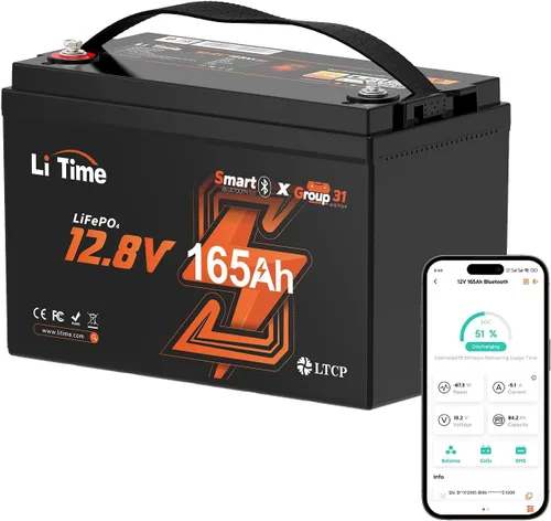 Litime Batería de litio LiFePO4 de 12 V y 165 Ah Bluetooth, batería de ciclo profundo para motores de arrastre, tamaño grupo 31 con densidad de