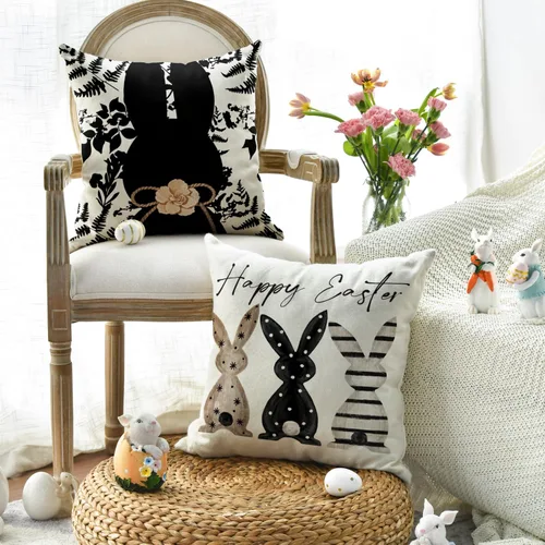 Miniatura 4 de AVOIN colorlife Juego de 4 fundas de almohada negras de 16 x 16 pulgadas con diseño de conejo de Pascua Happy Easter Be Hoppy Rabbit