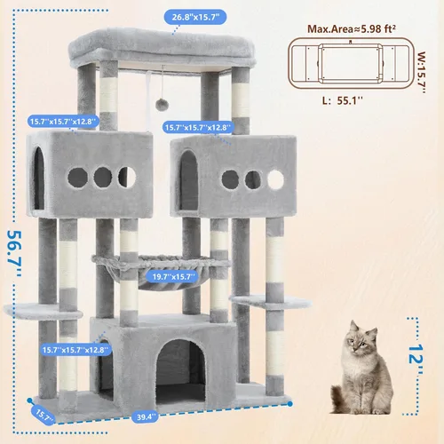 Miniatura 2 de Hey-brother Torre de árbol para gatos, postes rascadores de sisal grande con plataforma grande, 3 amplios condominios, hamaca de felpa, juguete
