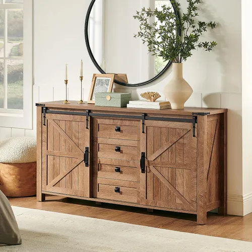 Miniatura 15 de T4TREAM Cómoda de 5 cajones para dormitorio con puerta de granero deslizante, cómoda moderna alta de estilo granja, 5 cajones, organizador de Roble