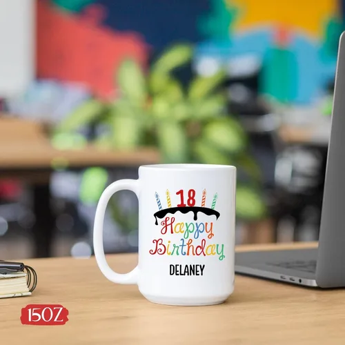 Miniatura 5 de BigTees Taza de café personalizada, taza de feliz cumpleaños, taza con nombre personalizado, 15 onzas, blanco, regalos de cumpleaños
