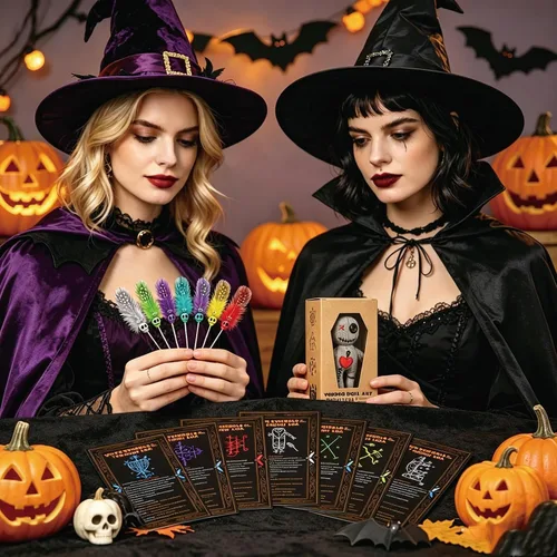 Miniatura 8 de PapaLegba Juego de arte de muñeca vudú de 8 pulgadas con 7 pines de calavera emplumados de colores y tarjetas de hechizos de energía positiva