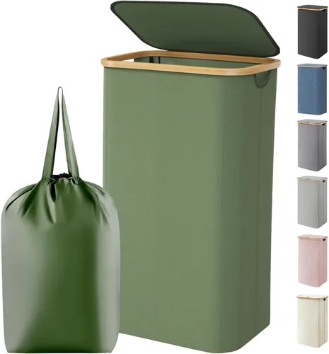Miniatura 25 de Lifewit Cesta de ropa de 120L con tapa, cestas de ropa para lavandería con asas de bambú y una bolsa de lavandería extraíble, cesta plegable grande