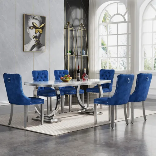 Miniatura 30 de Juego de mesa de comedor de 7 piezas con sillas, mesa de comedor de mármol sintético y sillas beige para 6, juego de mesa de comedor de oro blanco