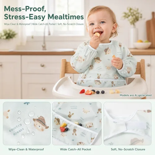 Miniatura 3 de Little Dimsum Paquete de 2 baberos de alimentación de manga completa, delantal impermeable para bebés y niños pequeños, protección alimentaria