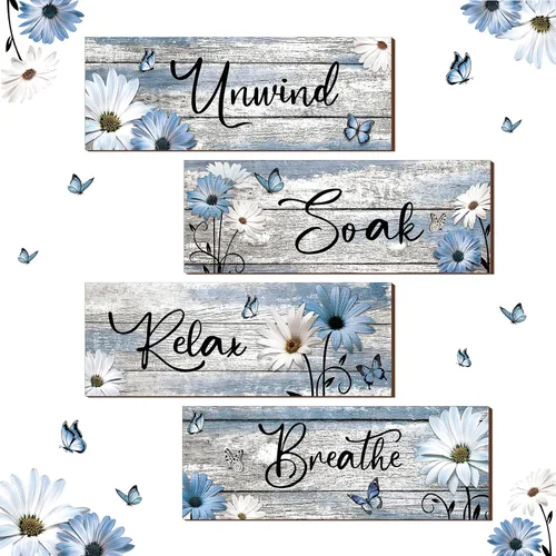 Miniatura 8 de Sunnyray 4 carteles de decoración de pared de baño de granja, margaritas y mariposas, arte de pared para baño, relajarse y relajarse, respirar, Azul
