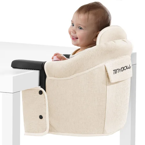 Miniatura 10 de Elegante silla alta de piel sintética con gancho para bebé, asiento de bebé portátil para comer, viajar y accesorio de mesa Gris