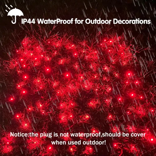 Miniatura 3 de HISHINY Red de luces LED rojas de Navidad para exteriores, cable verde de 100 luces LED de 5 x 5 pies, cable verde conectable para interiores y Rojo