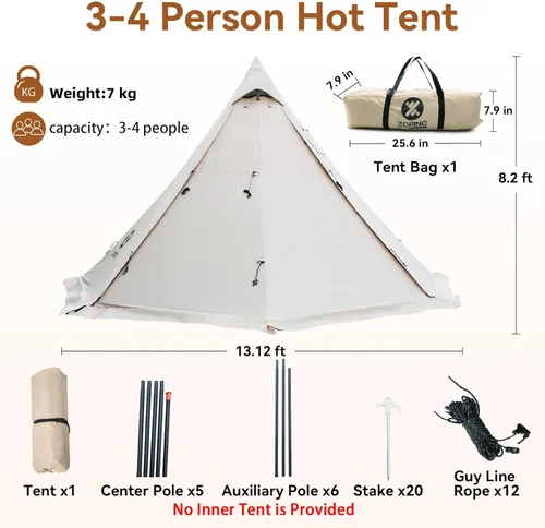 Miniatura 4 de Hot Tent with Stove Jack, 4 Season 3-4 Person Tipi Tent for Camping, 8.2ft Standing Room with Snow Skirt, Cold Weather Shelter for Family Fishing