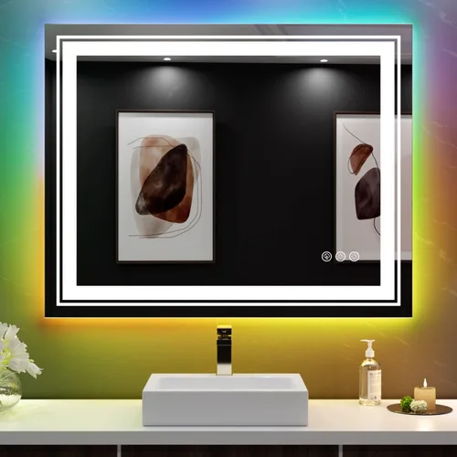Miniatura 40 de Snowdool Espejo LED de baño, 32 x 32 pulgadas con luz frontal y retroiluminada, antivaho, espejo de tocador de baño para pared, función de memoria