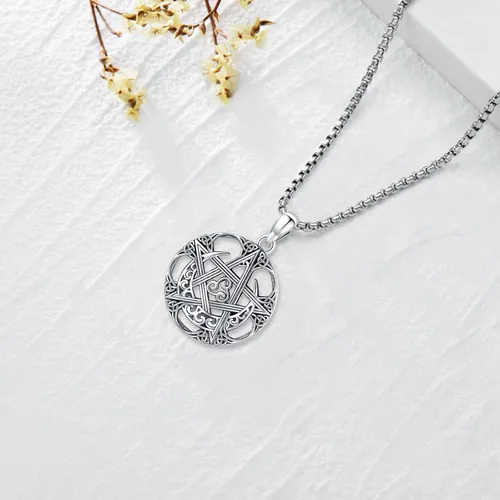 Miniatura 62 de Collar de pentagrama de plata de ley con triple luna, diosa celta, nudo celta, nudo de brujas, Ankh, sol y luna, Hécate, lilith, Santa Muerte
