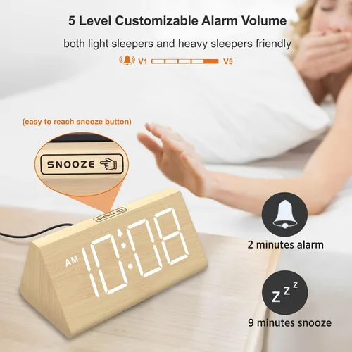 Miniatura 6 de DreamSky Wooden Digital Alarm Clocks for Bedrooms - Electric Desk Clock with Large Numbers, USB Port, Loud Alarm for Heavy Sleepers, Adjustable