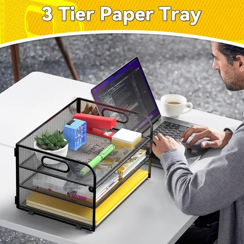 Miniatura 7 de MINDEPOT Bandeja organizadora de cartas de papel de 3 niveles con asa, organizador de archivos de escritorio de malla para oficina, hogar, escuela