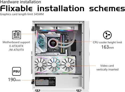 Miniatura 5 de SAMA 3509 Carcasa de PC de torre media ATX blanca - Parte frontal de malla de acero, panel lateral de vidrio templado con bisagras, 4 ventiladores