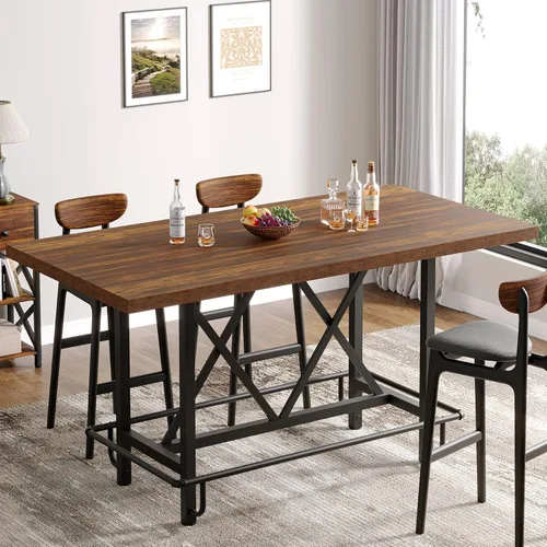 Tribesigns Mesa de bar, mesa de pub industrial de altura de mostrador con reposapiés de metal, mesa de comedor rectangular de madera de 63 pulgadas