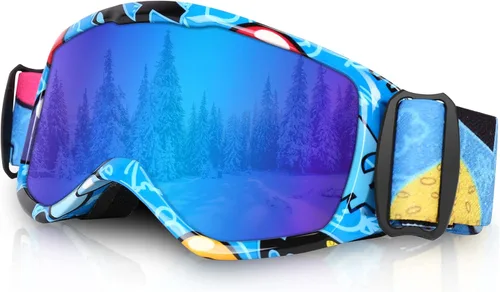 Gafas de esquí para niños, gafas de snowboard para niños y niñas, jóvenes, OTG gafas de esquí antivaho con correa antideslizante Azul