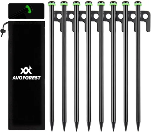 Estacas para Tienda de Campaña Resistentes de 12 Pulgadas, 8 PIEZAS Clavijas para Tienda de Campaña de Metal + Anillos de Silicona Fluorescentes +