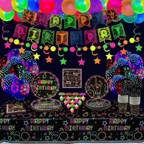 Suministros de fiesta de neón resplandeciente: globo de neón, pancarta de feliz cumpleaños que brilla en la oscuridad, remolinos colgantes,