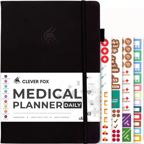 Clever Fox Planificador médico diario: cuaderno de diario de salud, diario de bienestar y cuaderno de registro de autocuidado, dura 3 meses, 7 x
