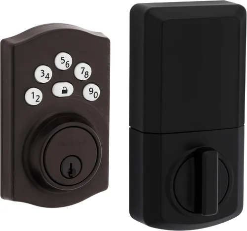 Kwikset Powerbolt 240 - Cerradura de puerta de cerrojo electrónico tradicional de bronce veneciano con teclado de 5 botones, con entrada sin llave