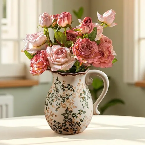 Green and Beige Vintage Vase with Handle,Retro Chinoiserie Vase,Farmhouse Antique Decorative Ceramic Vases for Home Decor,Living Room, Bookshelf,