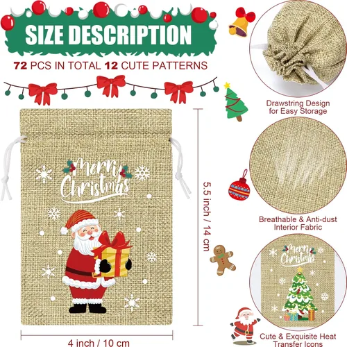 Miniatura 2 de FLOE 72 piezas Bolsas de regalo de Navidad de arpillera con cordón, bolsas de lino de Navidad con cordón para golosinas, bolsas de regalo de Navidad
