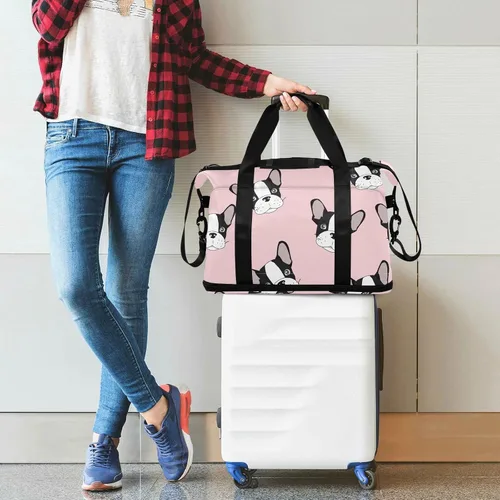 Miniatura 3 de Bolsa de viaje deportiva de bulldog francés para mujeres y hombres, bolsa de gimnasio con compartimento para zapatos, bolsillo húmedo, bolsas