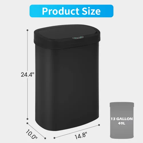 Miniatura 7 de BestOffice Basurero de plástico negro de alta capacidad sin contacto con tapa, 49L/13G, rectangular, cierre silencioso, cocina, dormitorio, baño