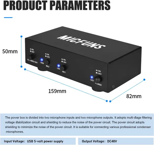 Miniatura 2 de MC2 - Fuente de alimentación Phantom de 2 canales y 48 V con cable de audio de 0.138 in para conectar interfaz de audio para micrófono