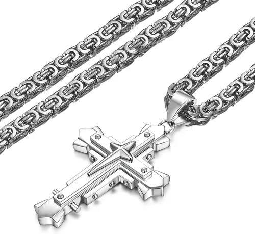 Miniatura 2 de Collar con colgante de cruz de Jesucristo grande de acero inoxidable, joyería religiosa para hombres, cadena de 24 pulgadas, color plataoronegro