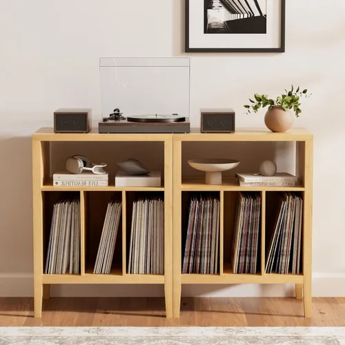 Miniatura 14 de Moderno soporte para tocadiscos, armario de almacenamiento de discos de vinilo con estante abierto, reproductor de discos de madera, organizador