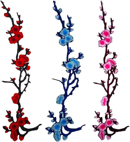 Miniatura 4 de MSCFTFB 5 parches para planchar con flores de ciruelo de 14 pulgadas de largo, parches bordados florales, apliques para escote, zapatos, jeans, Azul