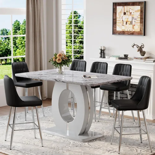 Miniatura 26 de Juego de mesa de comedor de mármol de 63 pulgadas para 6, moderno juego de mesa de comedor de altura de mostrador, mesa alta gris con taburetes