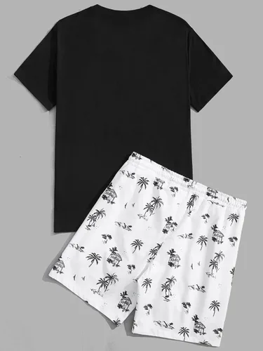Miniatura 2 de GORGLITTER Conjunto de 2 piezas de camiseta gráfica de manga corta para hombre, estampado hawaiano con cordón y pantalones cortos