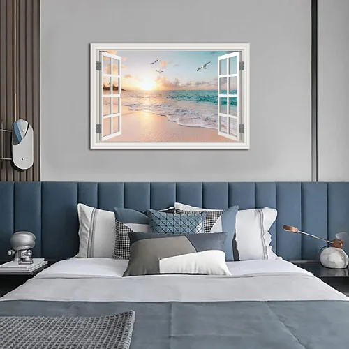 Miniatura 3 de Cuadro de pared de playa tropical para sala de estar, lienzo estilo marco de ventana, decoración de pared, palmera, impresión artística costera