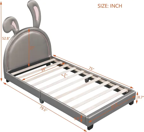 Miniatura 2 de Bonita cama tapizada de cuero con adorno de conejo, cama de plataforma de tamaño individual con cabecero y listones de madera, adecuada para niños