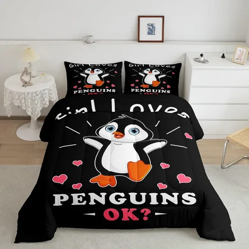 Feelyou Juego de edredón de pingüinos de dibujos animados, juego de ropa de cama de pingüinos para niños y adolescentes, lindo edredón de pingüinos