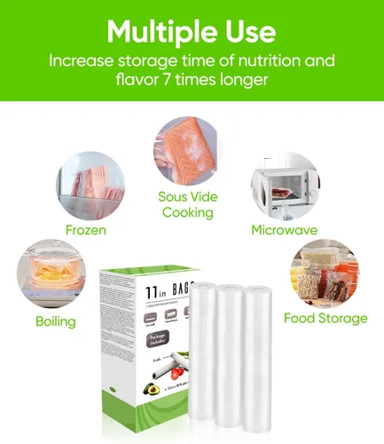 Miniatura 4 de Bolsas selladoras al vacío para alimentos, bolsas de almacenamiento al vacío que ahorran espacio y ahorran espacio, 3 rollos de 11 pulgadas x 10