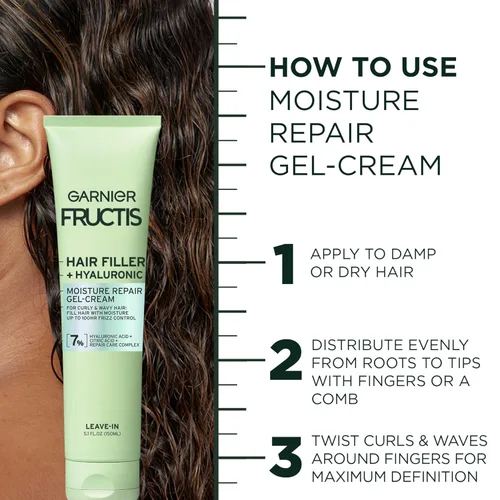 Miniatura 7 de Garnier Fructis Hair Filler Gel-Crema Reparadora de Humedad, Gel para el Cabello para Rizos y Ondas con Ácido Hialurónico, 5.1 Fl Oz, 1 Unidad