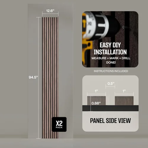 Miniatura 3 de Paquete de 2 paneles de listones de madera acústica - Paneles de pared insonorizados para decoración de interiores Nogal natural.
