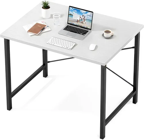 Miniatura 10 de Sweetcrispy Escritorio de oficina pequeño para computadora de 32 pulgadas, para estudiar, escribir, trabajar con marco de metal, mesa de madera