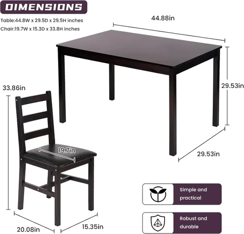Miniatura 6 de Juego de Mesa de Cocina de 5 Piezas Juego de Mesa de Comedor Mesa Cuadrada de Madera Resistente y Sillas Juego de Mesa de Desayuno para 4 Personas