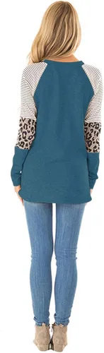 Miniatura 3 de HARHAY - Camiseta de manga larga con estampado de leopardo para mujer, con cuello redondo y diseño de rayas