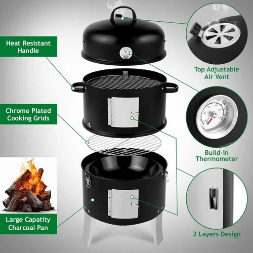 Miniatura 4 de Outvita Ahumador Vertical de Carbón de Acero de 18.5 Pulgadas, Parrilla Cocinero Portátil Resistente 3 en 1 para Exteriores con Termómetro Integrado