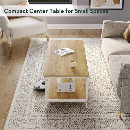 Miniatura 4 de SAYGOER Mesa de centro con almacenamiento de 2 niveles, mesa central industrial para sala de estar, mesa de madera rectangular para espacios Beige