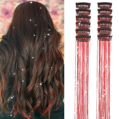Miniatura 19 de Paquete de 12 extensiones de cabello de oropel con clip, paquete de 12 unidades, 20 pulgadas, extensiones de cabello de oropel con purpurina, negro#