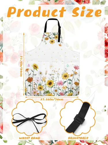 Miniatura 3 de Bencailor 6 delantales de cocina de verano con bolsillos, diseño de flores, gallo, abeja, mariposa, girasol, primavera, a granel para mujeres